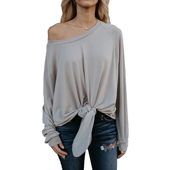 Gray Off Shoulder Long Sleeve Oversized Tie Knot - Picture 3 of 7